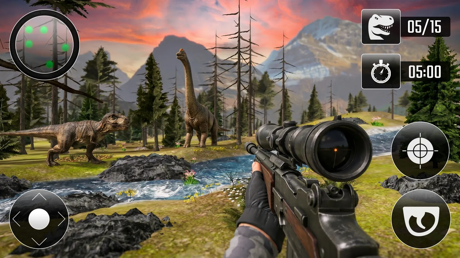 Dino Hunter 3D: aiming a scoped rifle at dinosaurs across a prehistoric valley