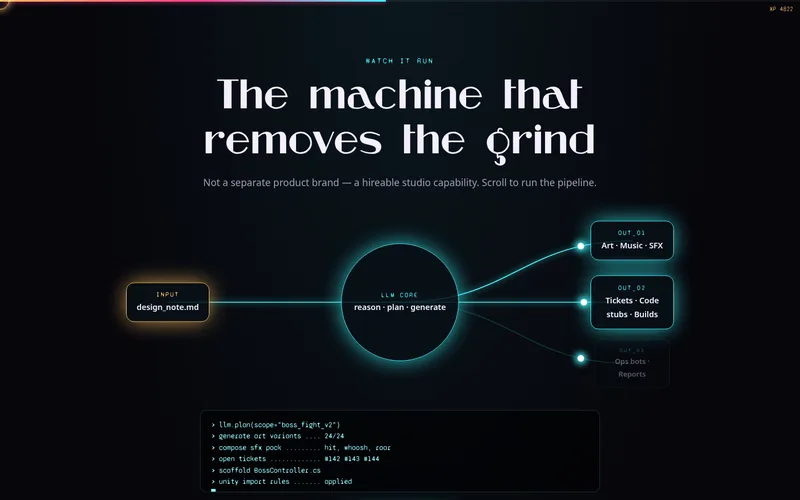 ontriggerjoy.com Automations chapter: a design note flows into an LLM core and out to art, music and SFX, tickets and builds, and ops bots