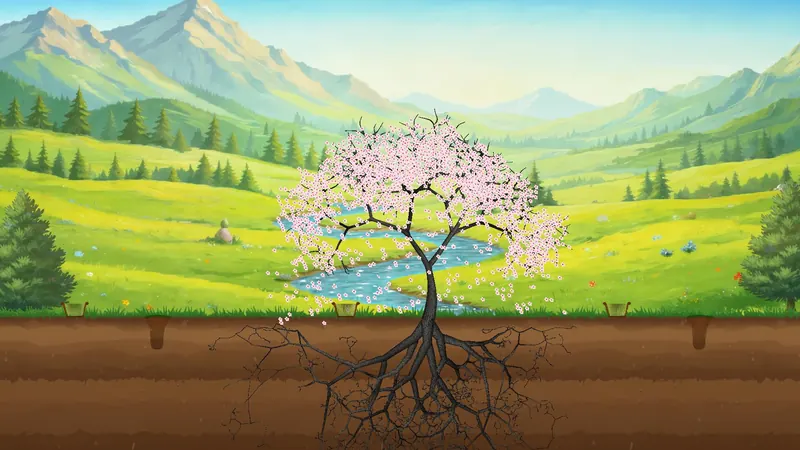 Apples Gone Wild Simulator 2025: a procedurally grown apple tree with visible roots