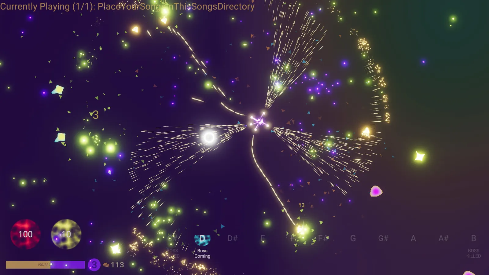 Symphorix gameplay: the Core firing neon projectiles into a swarm of note-born enemies