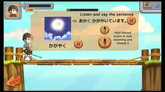 Bridge-crossing mini-game: listen and say the sentence