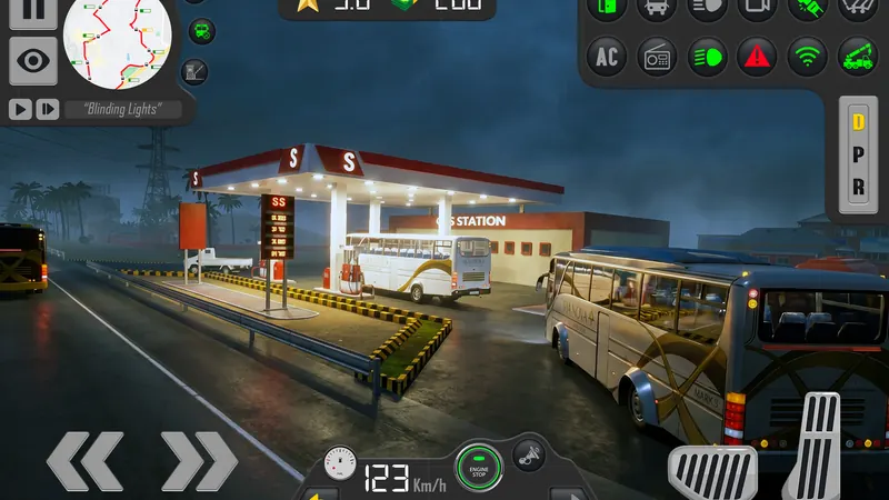Night stop at a fuel station in the rain