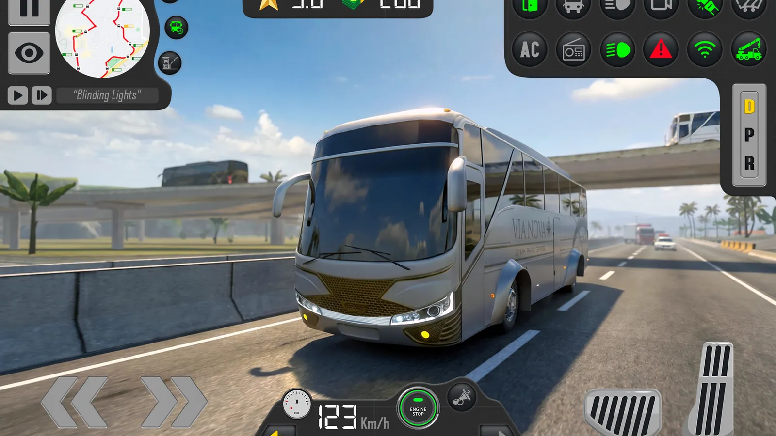 Bus Driving Simulator Game USA: driving a coach bus on a city highway, with minimap and speed HUD
