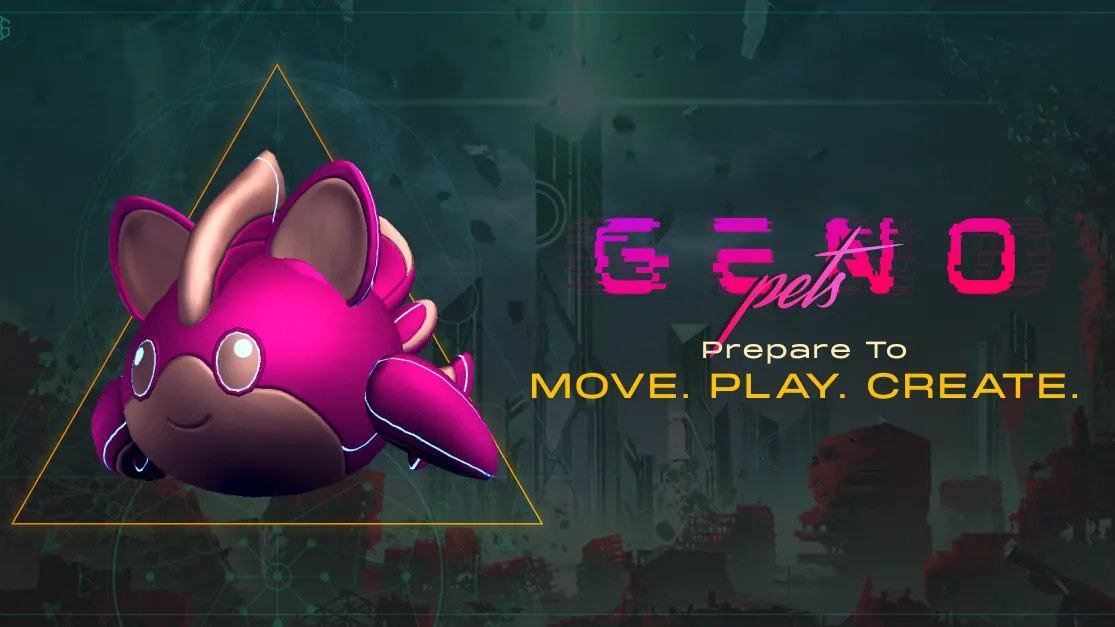 Genopets key art: a pink Genopet beside the Genopets logo